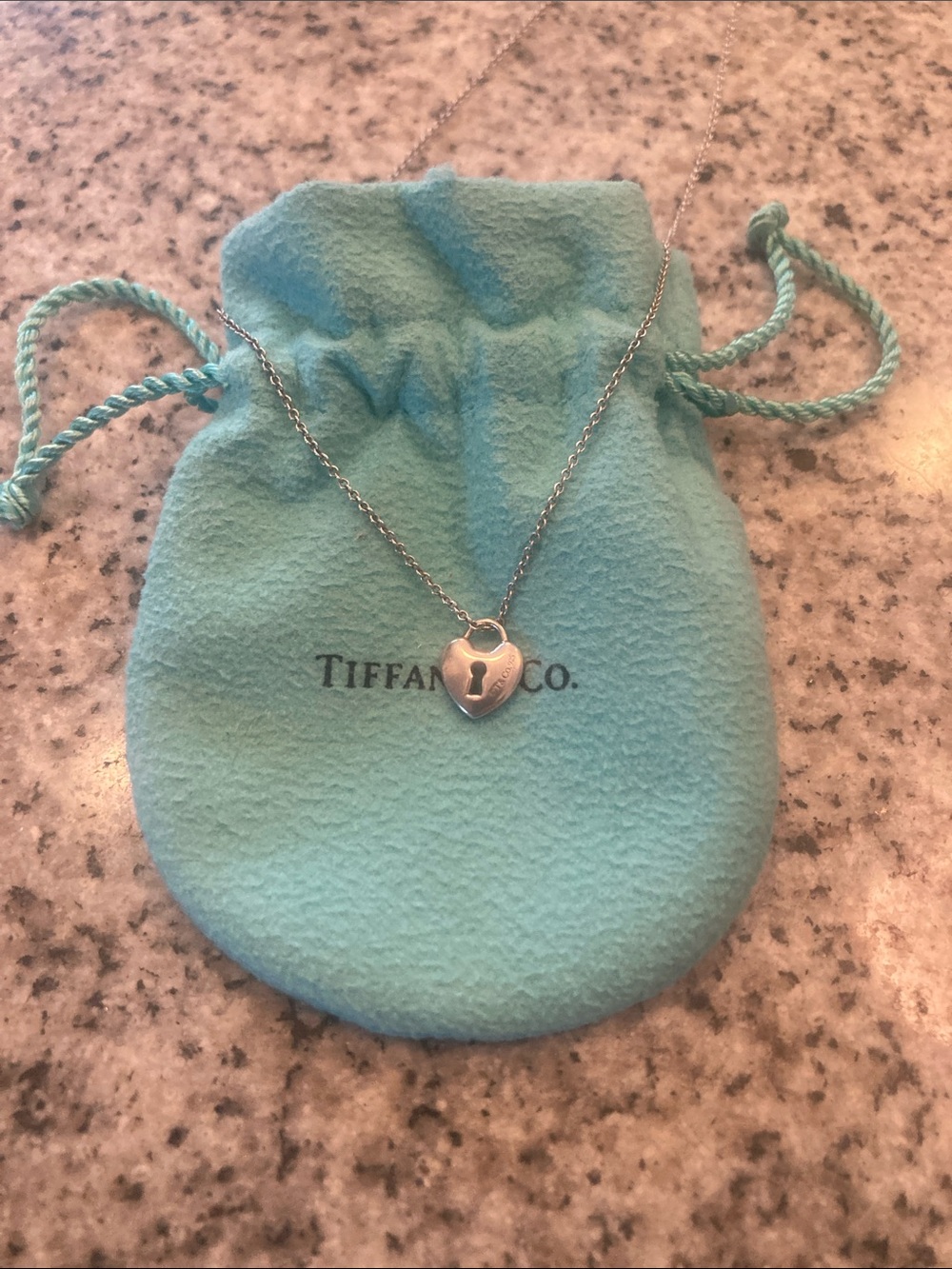 Tiffany & Co. Silver Heart Lock Pendant Necklace with Blue Pouch